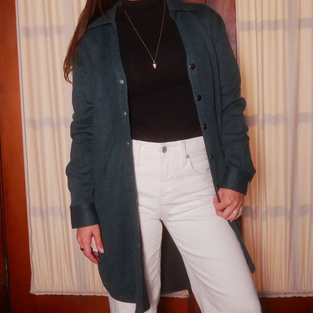 Chic Teal Textured Longline Button-Up Light Jacket